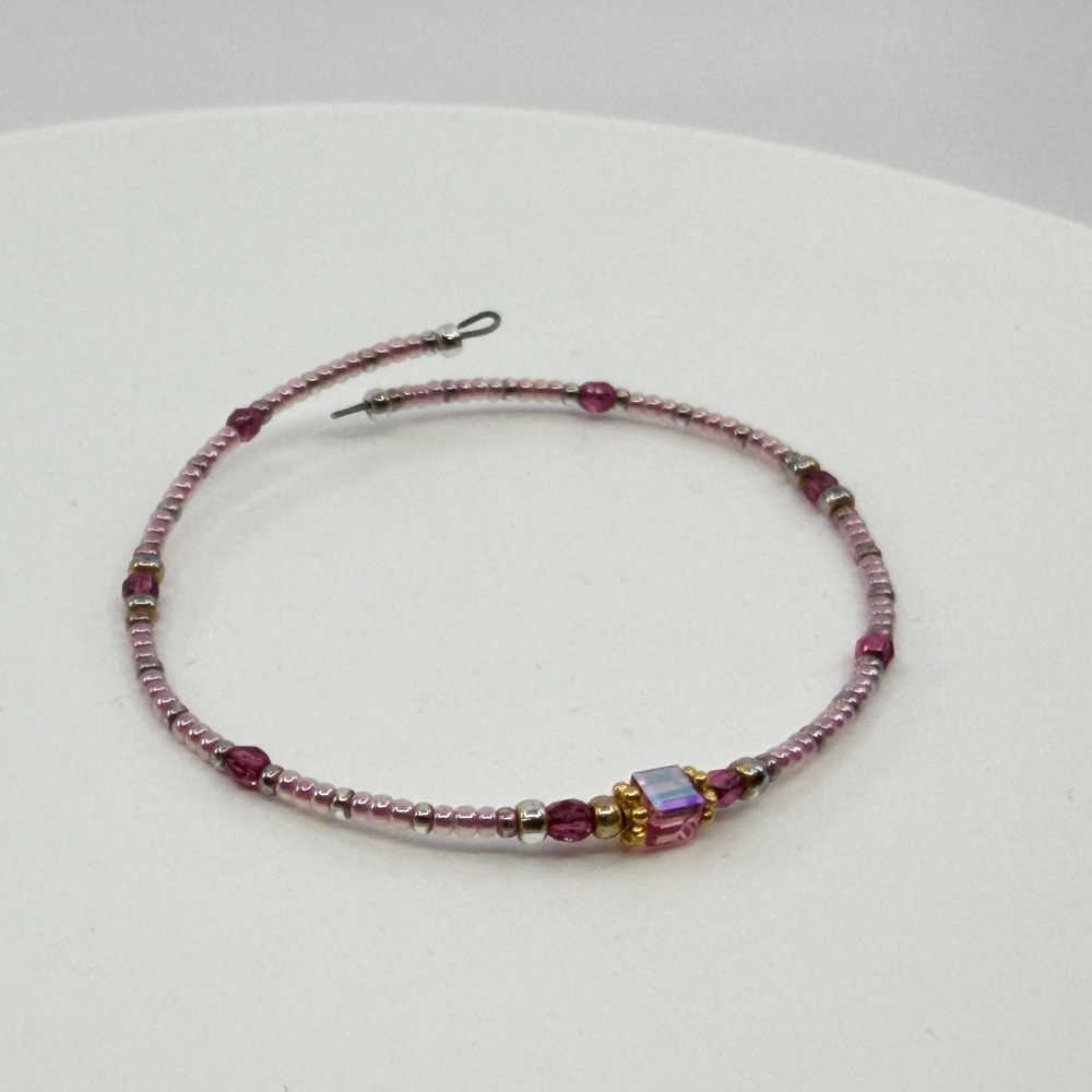 Pink Beaded Stretch Bracelet Iridescent Cube Boho Gift Stackable Jewelry Piece